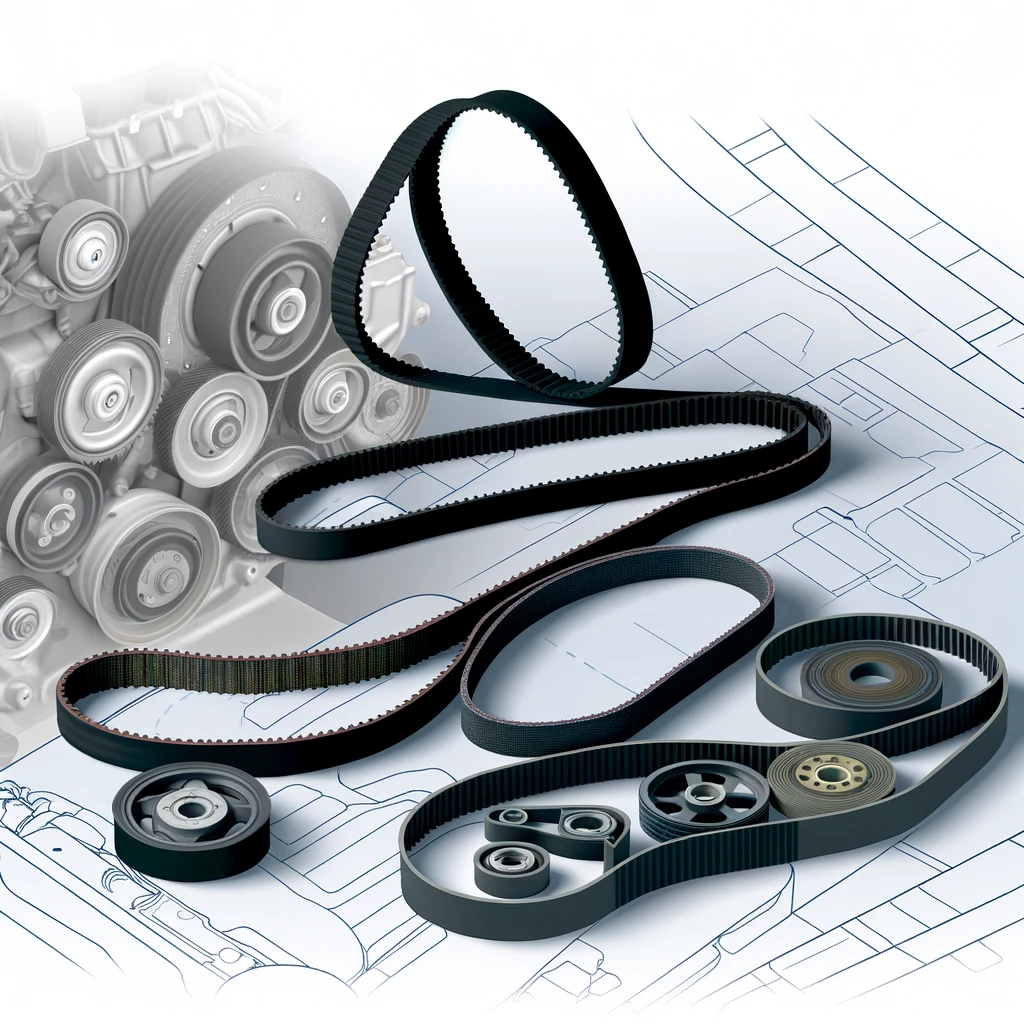 Новости 3 Новости DALL·E 2024 05 06 17.38.24 A detailed illustration of various automotive belts and their design components. The image features an assortment of belts such as timing belts serpe