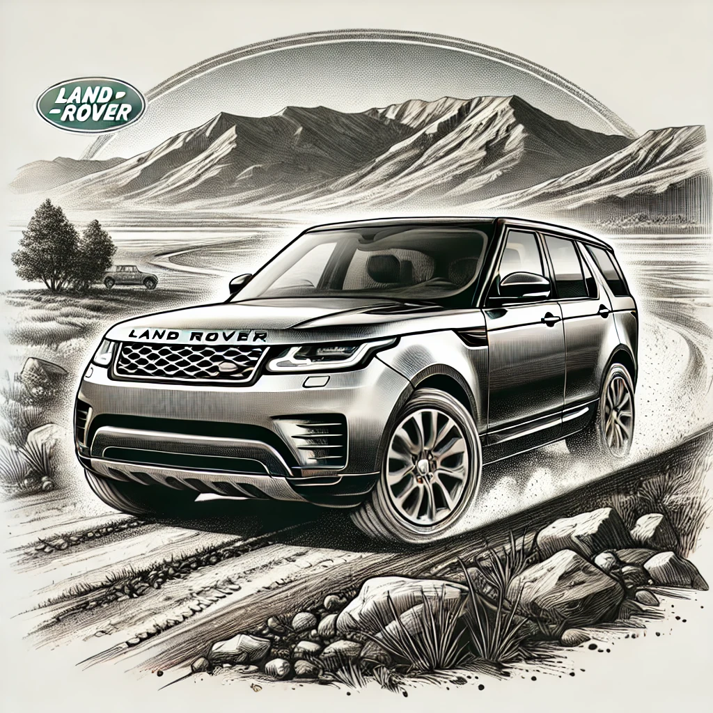Новости 8 Новости DALL·E 2024 07 17 11.47.58 A detailed illustration of a Land Rover vehicle. The car is set against a rugged outdoor landscape with mountains in the background and a dirt road l