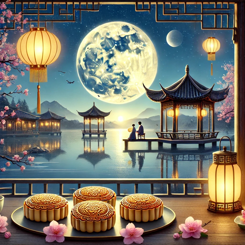 Новости 4 Новости DALL·E 2024 09 17 18.54.04 A traditional Chinese Mid Autumn Festival scene featuring a bright full moon shining over a peaceful landscape. In the foreground there are round moo 副本